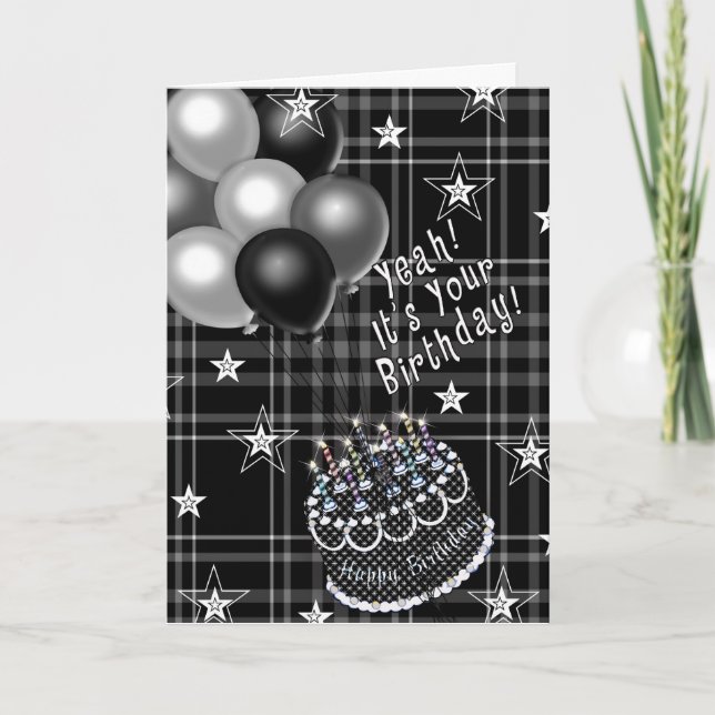 Birthday, Black & White Plaid, Balloons, Anyone! Card (Front)