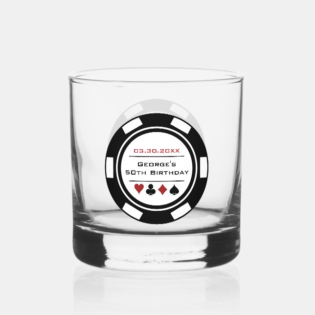 Birthday Black White Poker Chip Las Vegas Theme Whiskey Glass (Front)