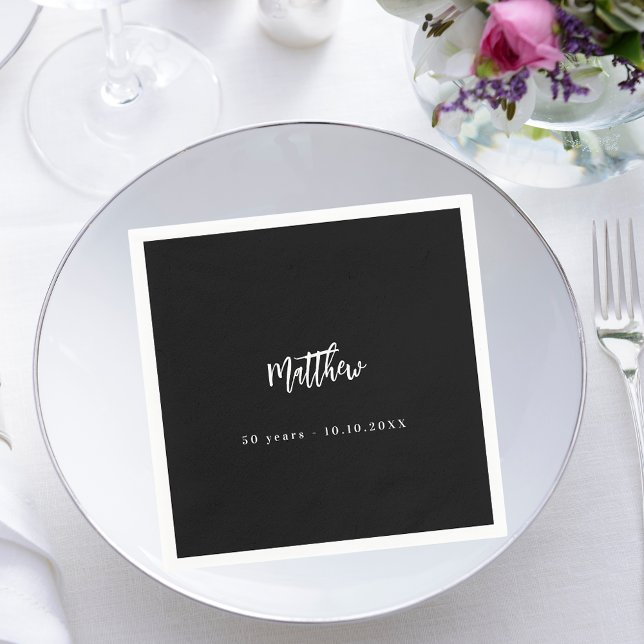 Birthday black white script elegant minimalist napkin (Creator Uploaded)
