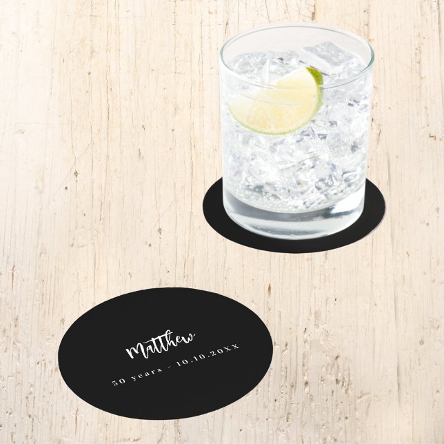 Birthday black white script minimalist round paper coaster (Creator Uploaded)