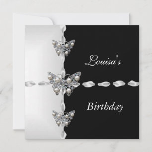 Birthday Black White Silver Pearl Butterfly Party Invitation
