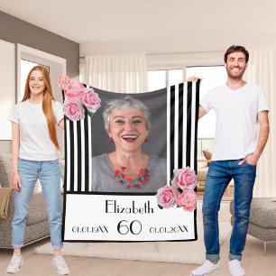 Birthday black white stripes florals photo fleece blanket