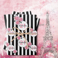 Birthday black white stripes pink florals monogram