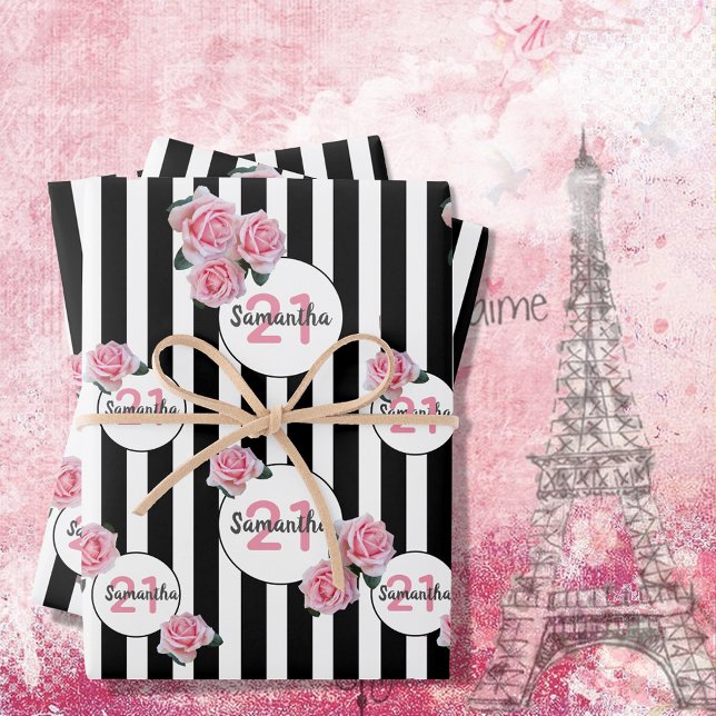 Birthday black white stripes pink florals monogram wrapping paper sheet (Creator Uploaded)