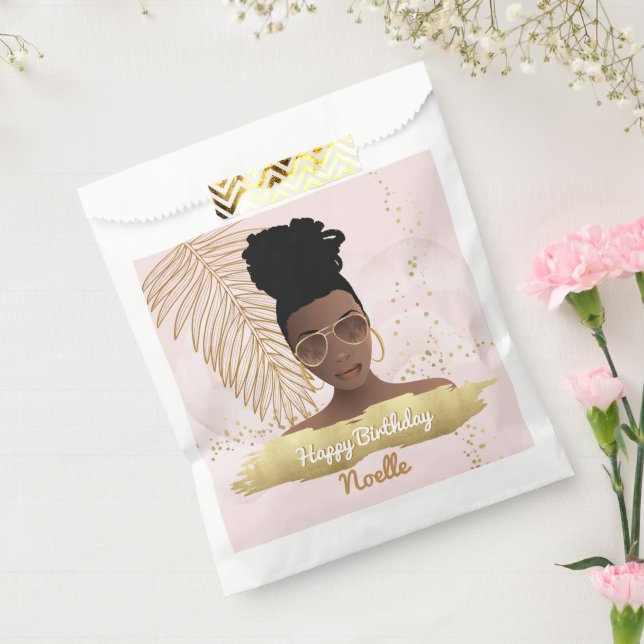 Birthday, Black Woman, Gold Tropical Leaf, Pink Fa Favour Bag (Sealed)