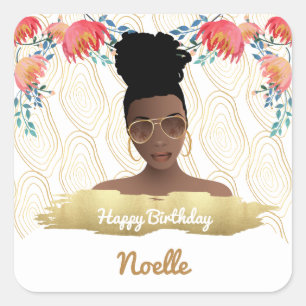 Birthday, Black Woman, Whimsical Flowers Gold Square Sticker