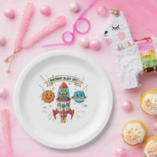 Birthday Blast Off! Cute Alien in Rocket Ship  Paper Plate