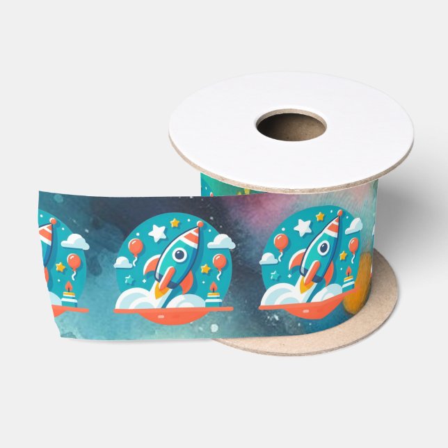 Birthday Blastoff: Rocket Ship Adventure Pattern Satin Ribbon (Spool)