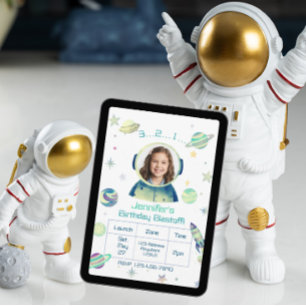 Birthday Blastoff Watercolor Space with Picture Invitation