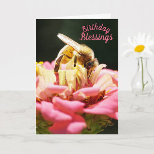 Birthday Blessings Honeybee on Pink Zinnia Flower Card