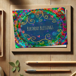 Birthday Blessings Whimsical Cheerful Girly Card