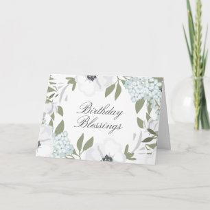 Birthday Blessings White & Blue Watercolor Floral Card