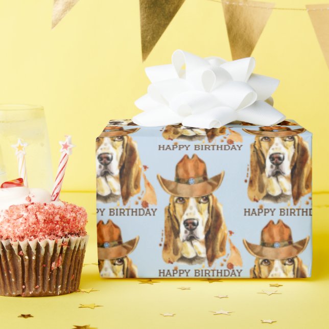 Birthday Bloodhound with Sheriff Cowboy Hat Wrapping Paper (Birthday Party)