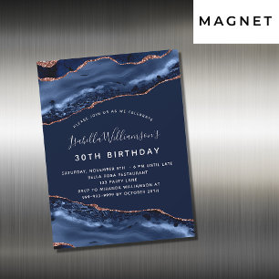 Birthday blue agate rose gold magnet invitation