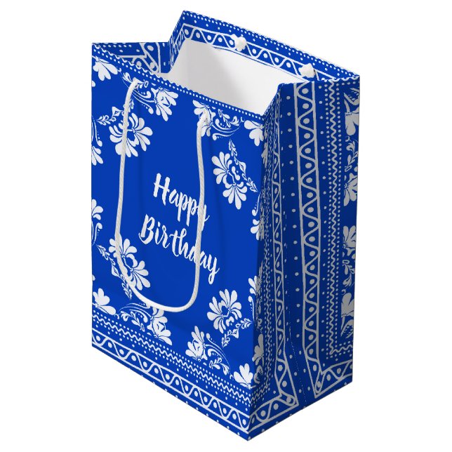 Birthday Blue and White Bandanna  Medium Gift Bag (Front Angled)