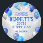 Birthday Blue Balloons Classic Round Sticker<br><div class="desc">A party, a whole party, and nothing but a party. That's what's in this birthday design. Featuring bold numbers and elegant typography surrounded by balloons, this design is as fun and bold as he is. The blue and silver colour scheme lends an edgy, masculine air to the design. Perfect for...</div>