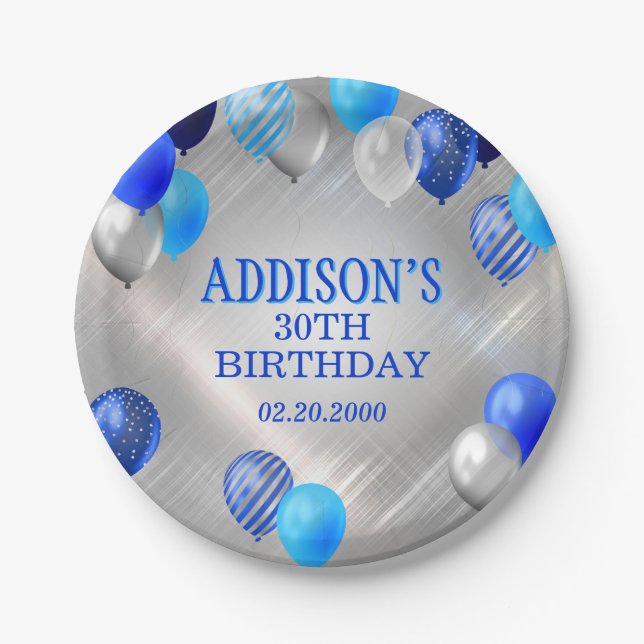 Birthday Blue Balloons Paper Plate (Front)