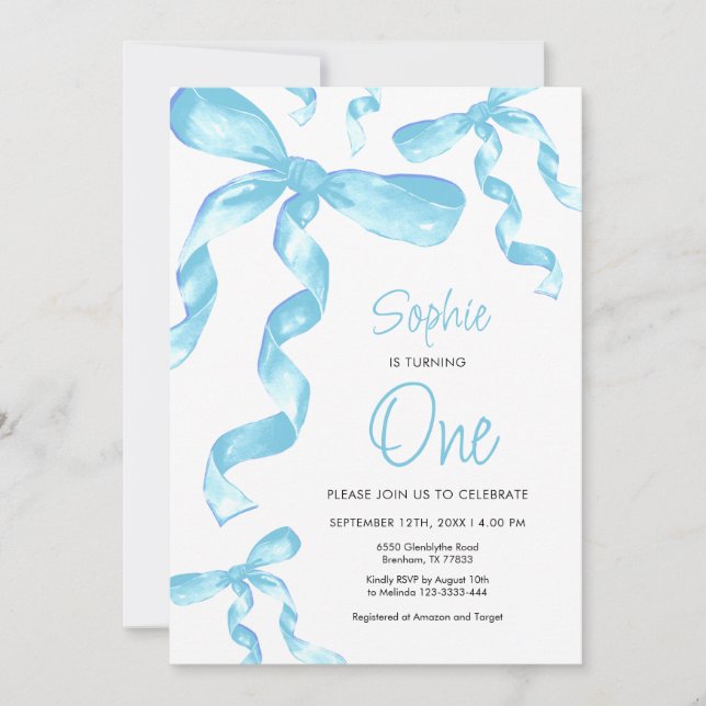 Birthday Blue Bow Invitation (Front)