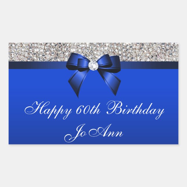 Birthday Blue Bow Silver Sequins Rectangular Sticker (Front)
