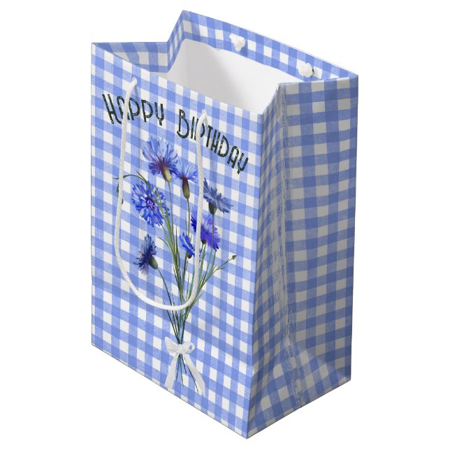 Birthday Blue Cornflower Bouquet  Medium Gift Bag (Front Angled)