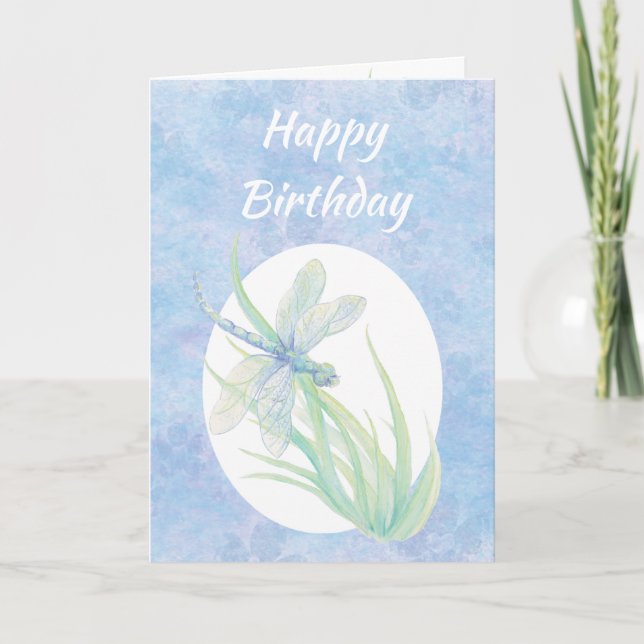 Birthday Blue Dragonfly Watercolor Art Card (Front)