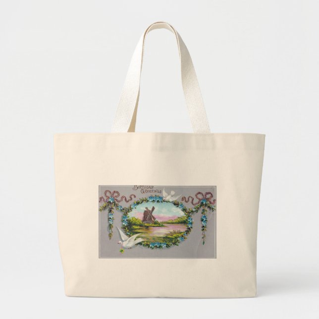 Birthday Blue Flower Wreath Doves Large Tote Bag (Front)