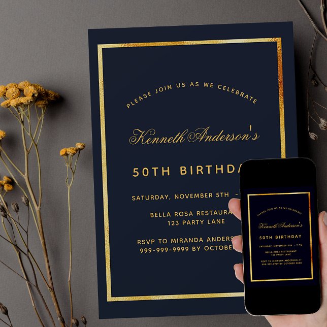 Birthday blue gold classic simple invitation (Creator Uploaded)