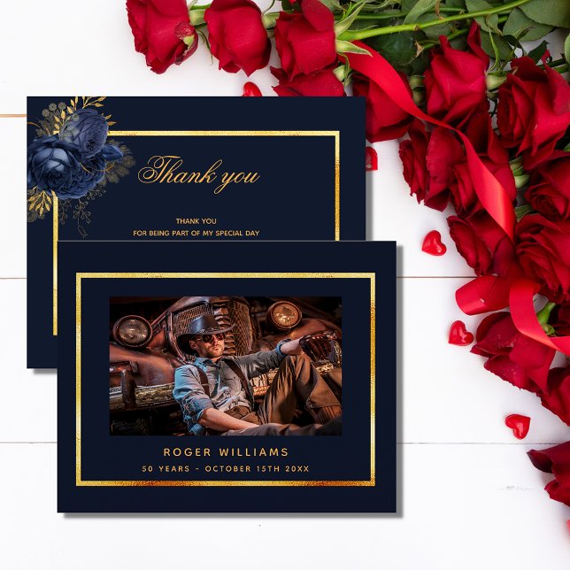 Birthday blue gold photo men guy thank you card (Creator Uploaded)