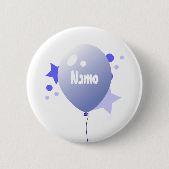 Birthday Blue Party Balloon Name Button (Front)