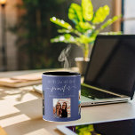Birthday blue photo best friends names mug<br><div class="desc">A gift from friends for a woman's 21st birthday, celebrating her life with 3 of your photos of her, her friends, family, interest or pets. Personalise and add her name, age 21 and your names. A dark blue coloured background. Her name is written with a modern hand lettered style script...</div>