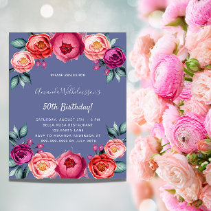 Birthday blue pink floral budget invitation
