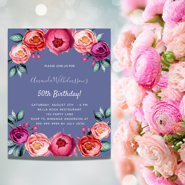 Birthday blue pink floral budget invitation (Creator Uploaded)