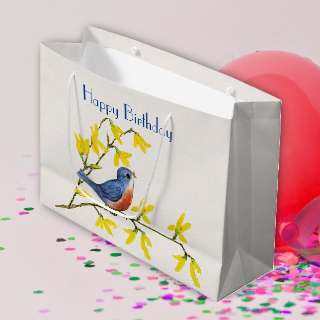 Birthday Blue Red Bird on Branch Pretty Flowers Large Gift Bag (cute little red and blue bird on branch with yellow flowers on white Happy Birthday gift bag.)