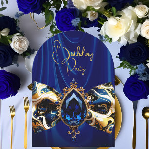 Birthday Blue Silk Faux Gold Jewel Paisley Invitation