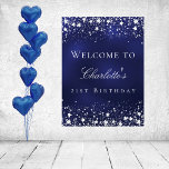 Birthday blue silver stars welcome party poster<br><div class="desc">A welcome poster for a glamourous 21st (or any age) birthday party.  A navy blue background with elegant faux silver stars. The blue colour is uneven.  Personalise and add a name and age 21.  White letters.</div>