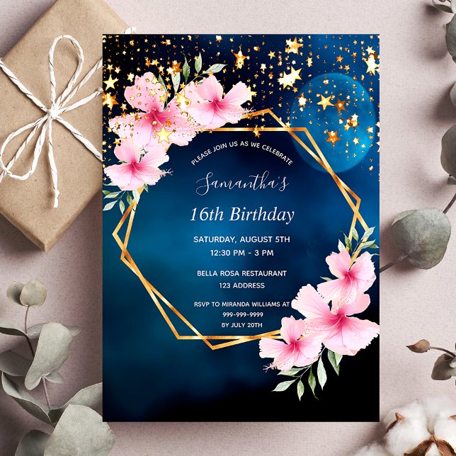 Birthday blue sky stars gold geo pink floral invitation (Creator Uploaded)