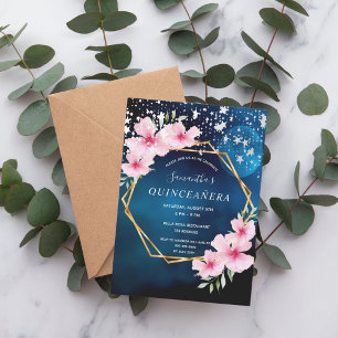 Birthday blue sky stars pink floral gold geometric invitation