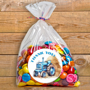 Birthday Blue Tractor Thank You Round Stickers