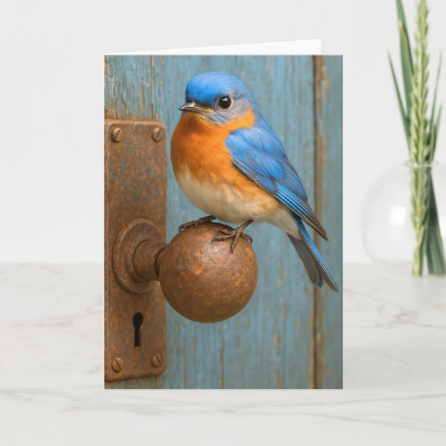 Birthday Bluebird On a Rusty Doorknob Card (Front)
