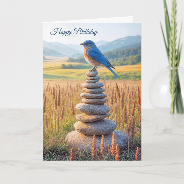 Birthday Bluebird On Stone Cairn Card (Front)