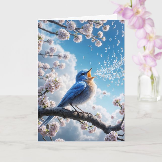 Birthday Bluebird Singing On a Cherry Tree Branch Card (Orchid)
