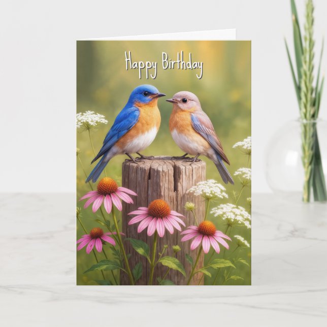 Birthday Bluebirds On a Fence Post Card (Front)