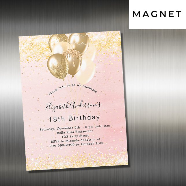 Birthday blush gold glitter balloons luxury magnetic invitation (Creator Uploaded)