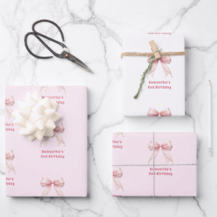 Birthday blush pink bow white girl wrapping paper sheet