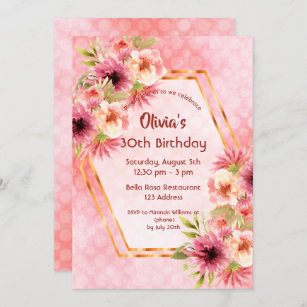 Birthday blush pink florals geometric invitation