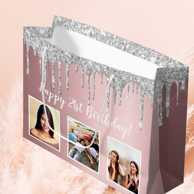 Birthday blush pink glitter custom photo silver large gift bag (Creator Uploaded)