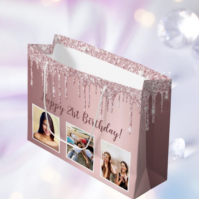 Birthday blush pink glitter drips custom photo large gift bag (Creator Uploaded)