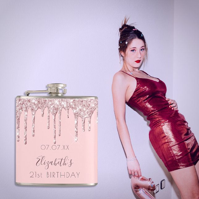 Birthday blush pink glitter drips monogram name hip flask (Creator Uploaded)