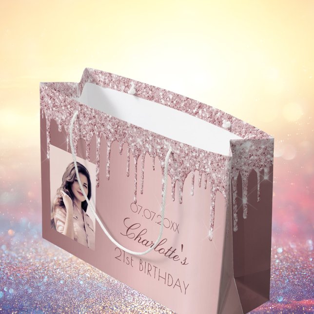 Birthday blush pink glitter drips name photo large gift bag (Creator Uploaded)