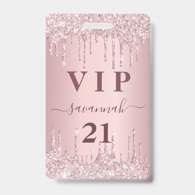 Birthday blush pink glitter drips vip invitation ID badge (Front)